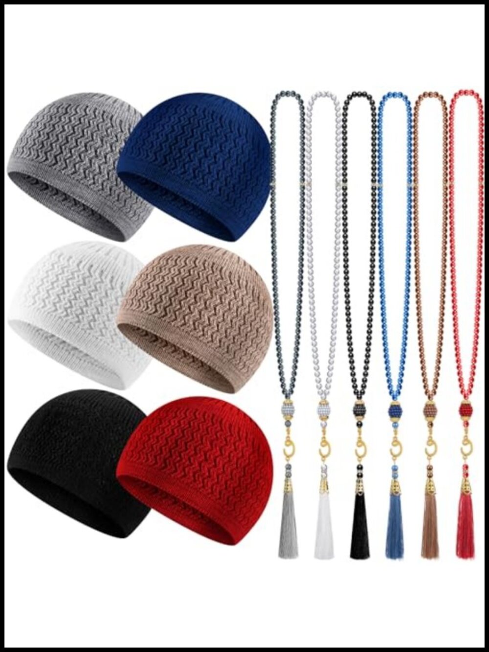 6 Kufi Hats and 6 Muslim Prayer Beads Set - Cotton Knit Skull Caps